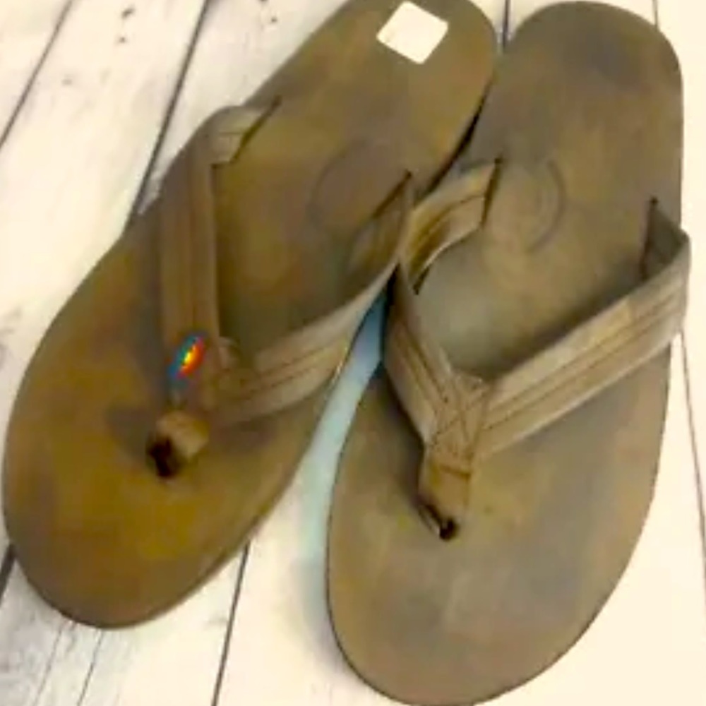 Men's NEW brown leather rainbow flip-flops sz12